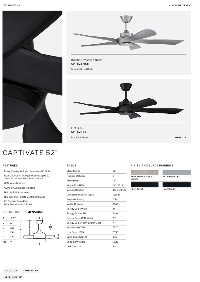 Craftmade Captivate 52" DC Ceiling Fan with Wall and Remote Control