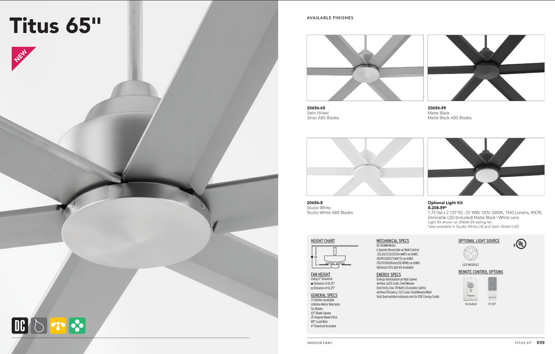 Quorum Titus Indoor/Outdoor DC LED Ceiling Fan with 18W LED and Wall Control