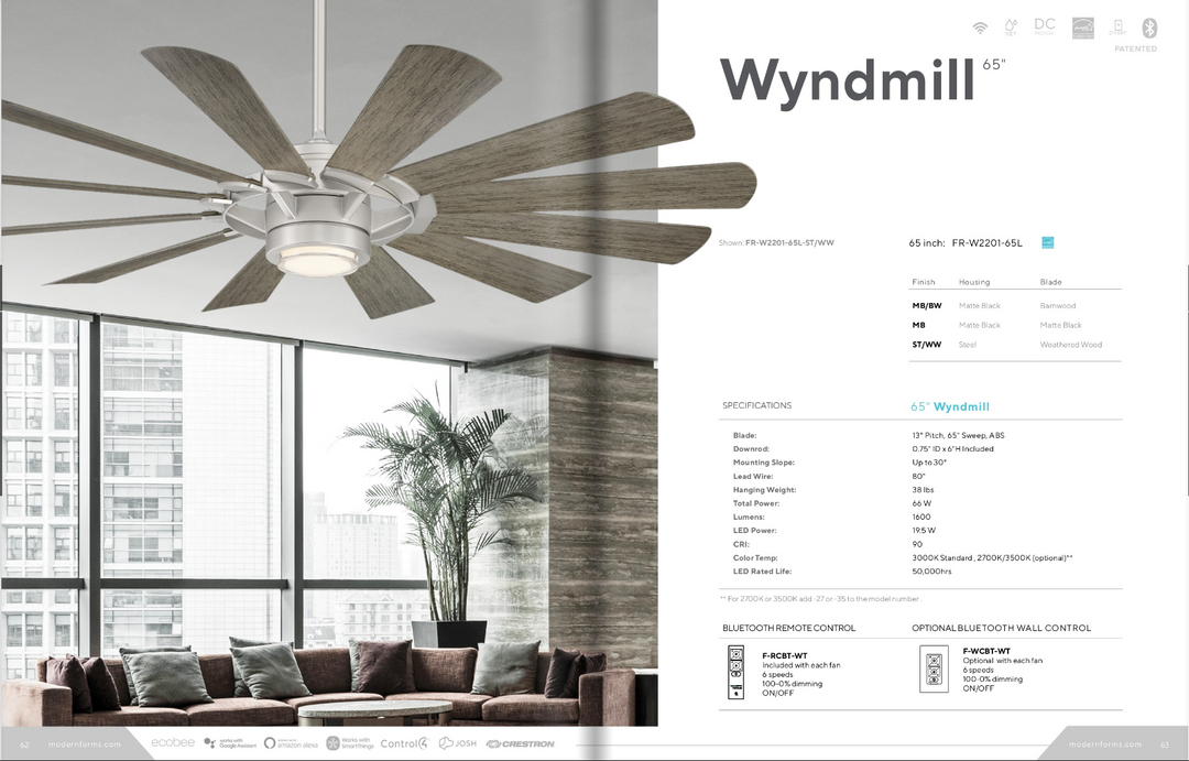 Modern Forms Fan Wynd Mill 65" Smart Outdoor DC Ceiling Fan with 19.5W CCT LED and Remote