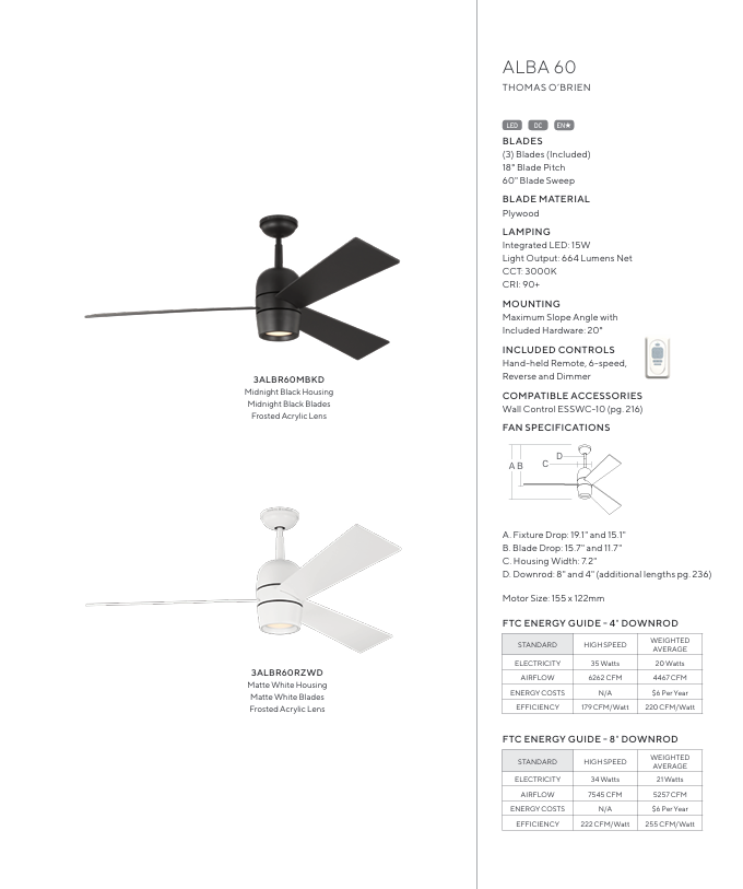 Craftmade Alba 60" DC Ceiling Fan with 15W LED and Remote