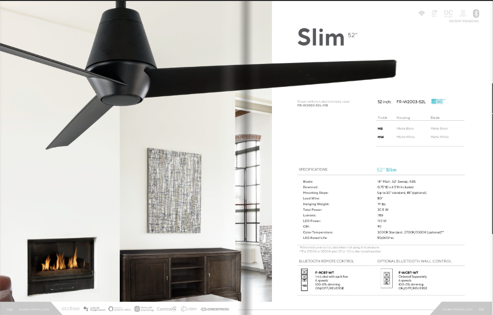 Modern Forms Fan Slim 52"  Smart Outdoor DC Ceiling Fan with 11.5W CCT LED and Remote