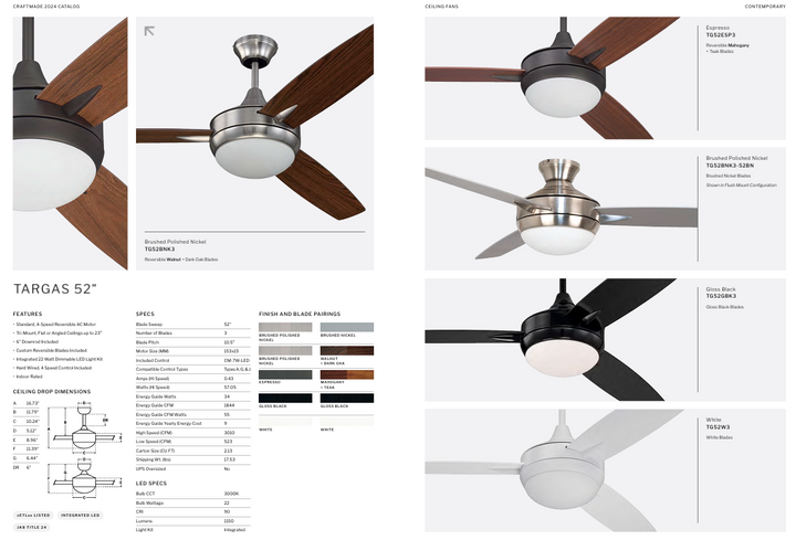 Craftmade Targas 52" Ceiling Fan with 22W LED Light and Wall Control