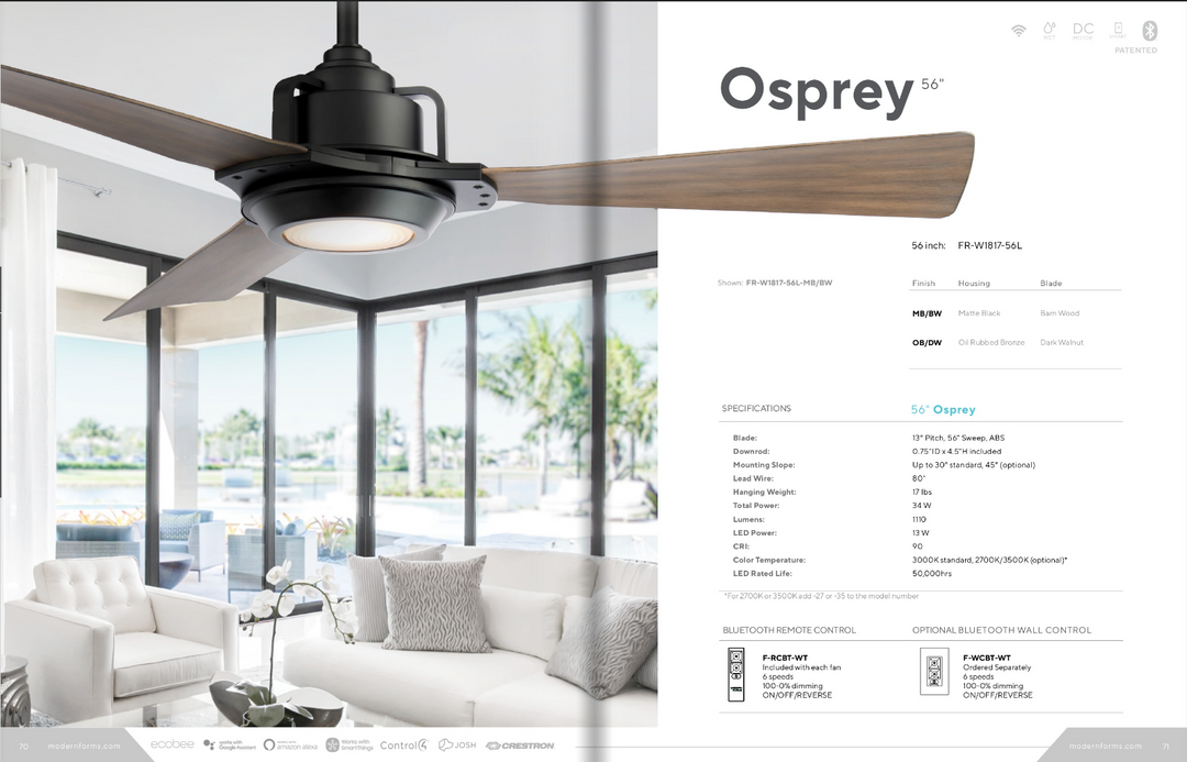 Modern Forms Fan Osprey 56" Smart Outdoor DC Ceiling Fan with 13W CCT LED and Remote