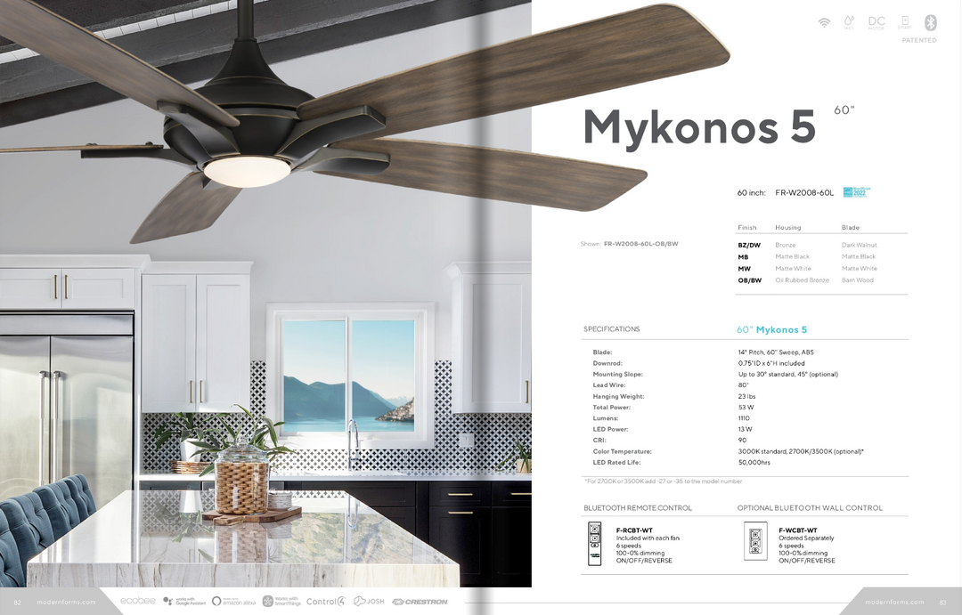 Modern Forms Fan Mykonos 5 60" Smart Outdoor DC Ceiling Fan with 13W CCT LED and Remote