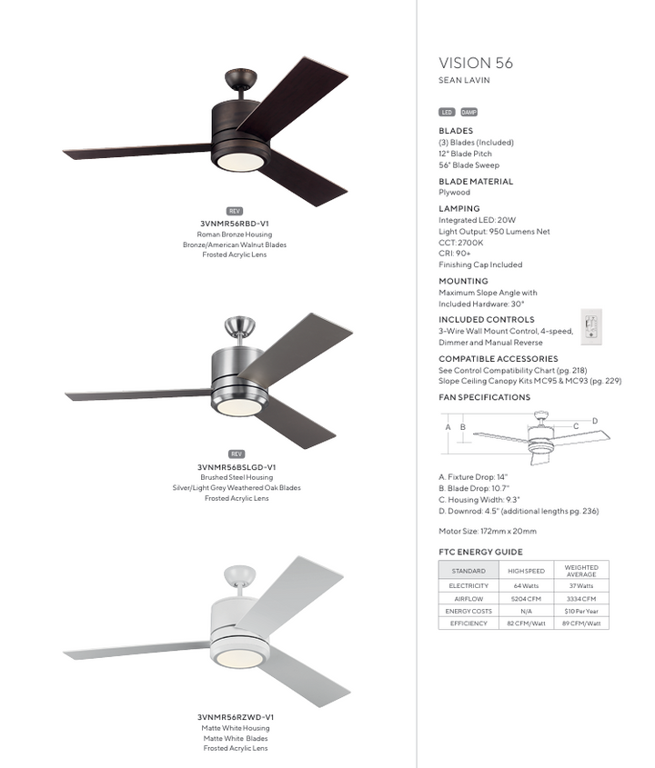 Generation Lighting Vision 56'' Indoor/Outdoor Ceiling Fan with 20W LED and Wall Control