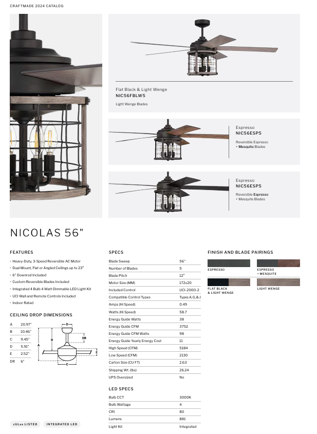 Craftmade Nicolas 56" Ceiling Fan with LED and Wall and Remote Control