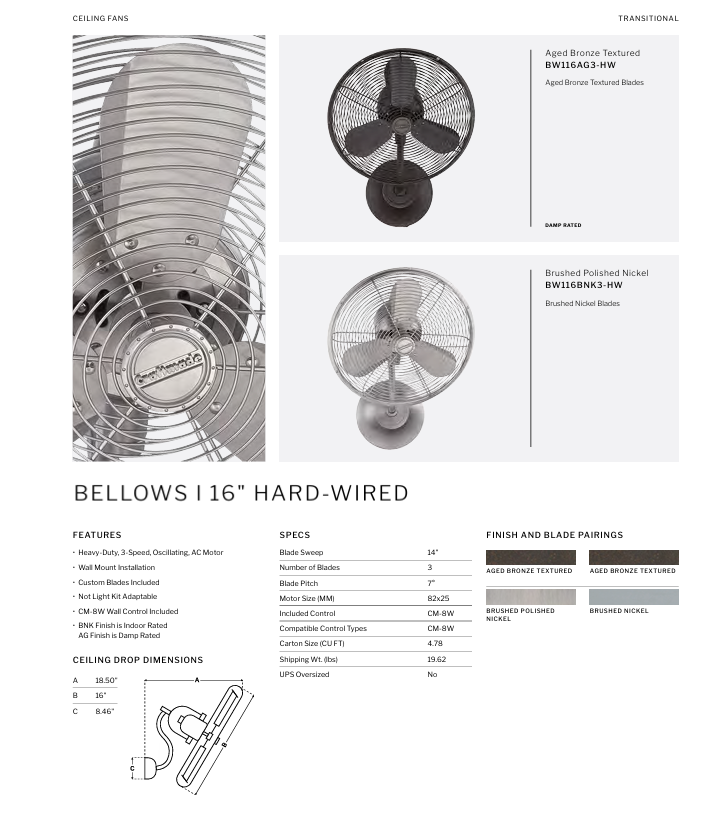 Craftmade Bellows I Hard wired 16" Oscillating Wall Fan