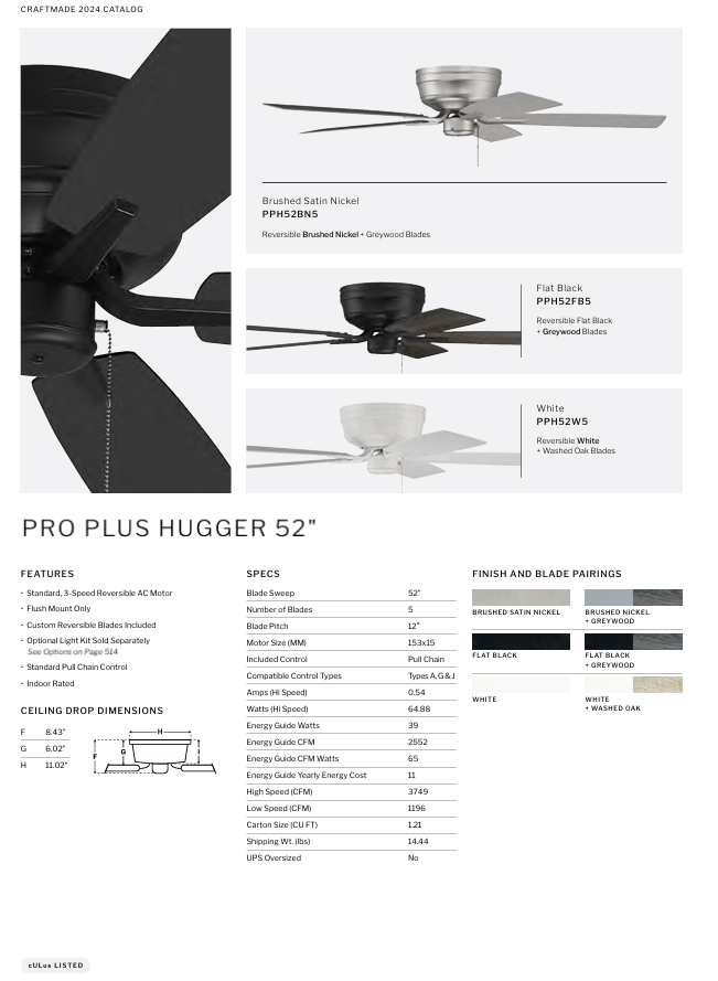 Craftmade Pro Plus Hugger 52" Indoor Pull Chain Flush Mount Ceiling Fan