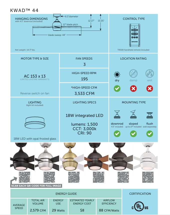 Fanimation Kwad 44" AC Motor Ceiling Fan with 18W LED Light and Remote Control