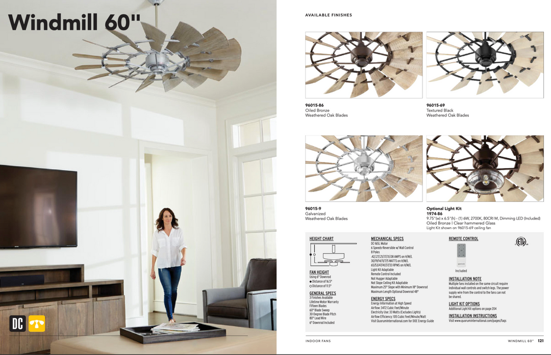 Quorum Windmill Indoor DC Farmhouse Ceiling Fan with Remote