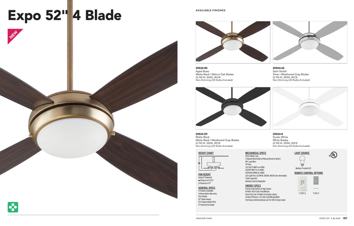 Quorum Expo 52" 4 Blade 18W LED Pull Chain Ceiling Fan