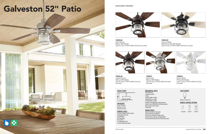 Quorum Galveston 52" Outdoor Pull Chain Patio Fan with 9W LED Light