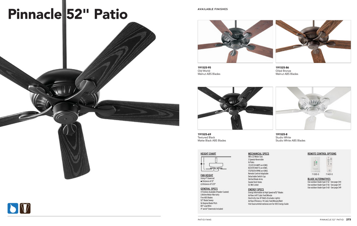 Quorum Pinnacle 52" Outdoor Pull Chain Patio Ceiling Fan