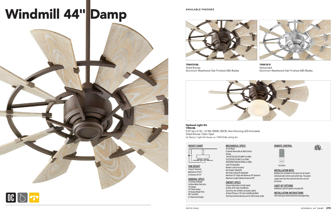 Quorum Windmill 44" Indoor/Outdoor DC Farmhouse Patio Ceiling Fan with Remote