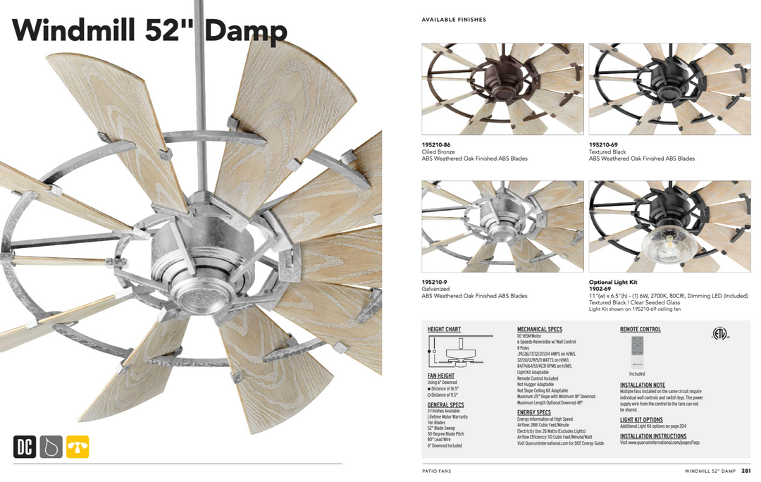 Quorum Windmill Indoor/Outdoor DC Farmhouse Patio Fan with Remote