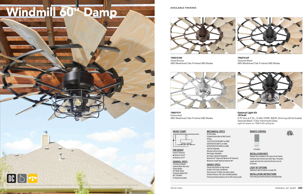 Quorum Windmill Indoor/Outdoor DC Farmhouse Patio Fan with Remote