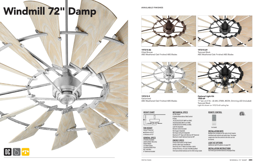 Quorum Windmill Indoor/Outdoor DC Farmhouse Patio Fan with Remote