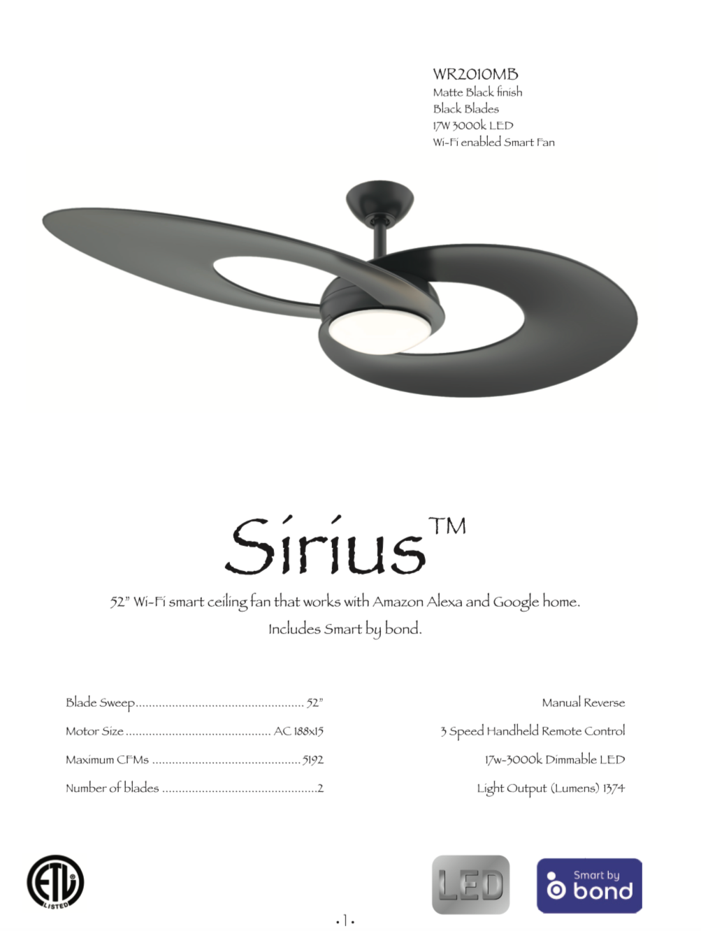 Wind River Sirius 52" Smart 18W LED Ceiling Fan