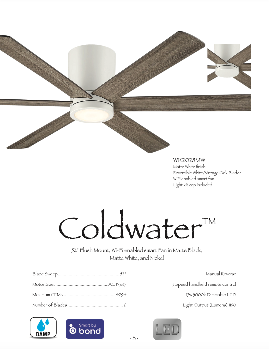 Wind River Coldwater 52" Smart Indoor/Outdoor 17W LED Hugger Ceiling Fan with Remote