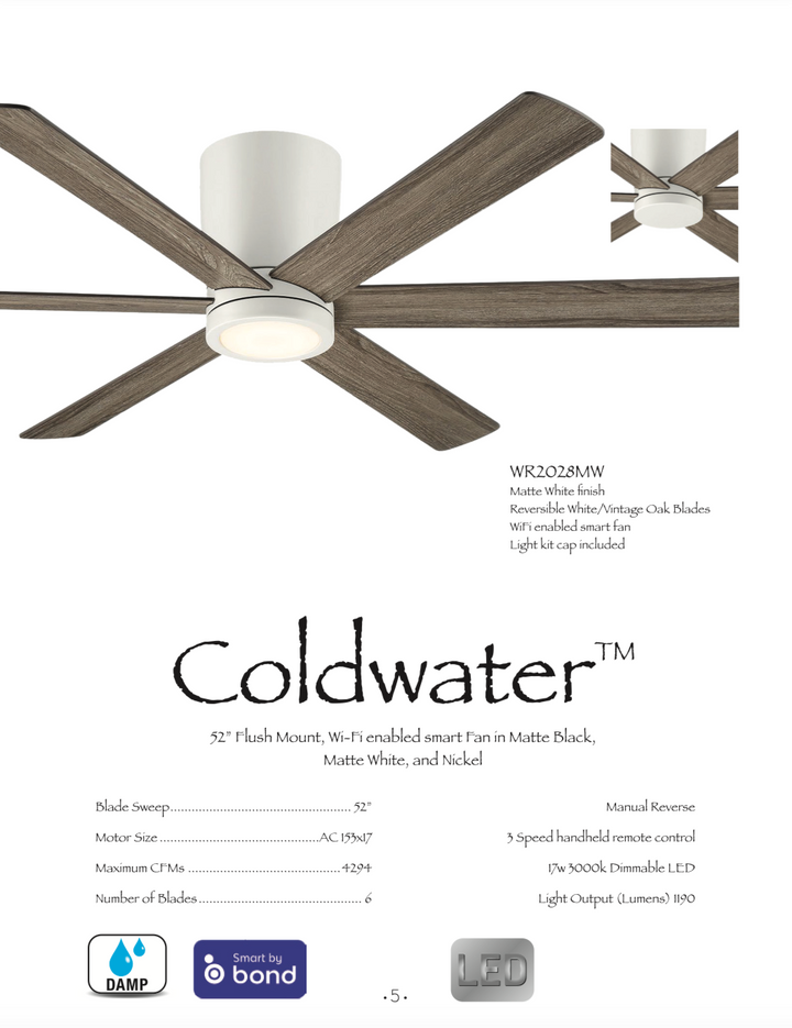 Wind River Coldwater 52" Smart Indoor/Outdoor 17W LED Hugger Ceiling Fan with Remote