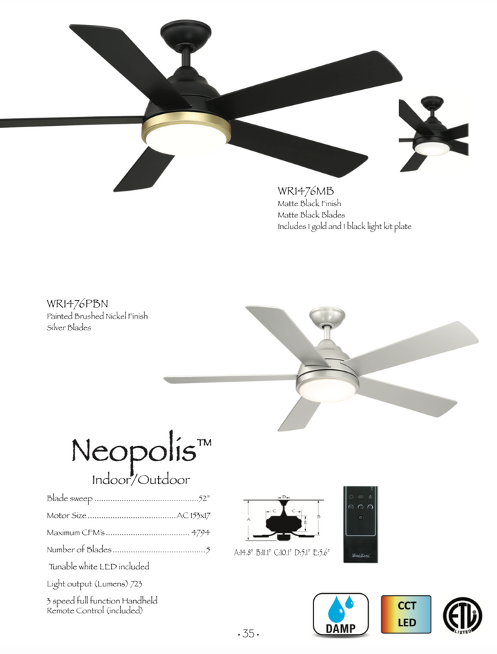 Wind River Neopolis 52" Indoor/Outdoor Ceiling Fan with CCT 17W LED and Remote