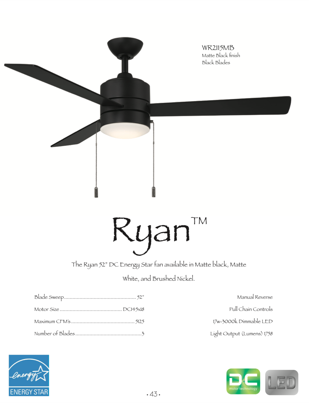 Wind River Ryan 52" DC 17W LED Pull Chain Ceiling Fan