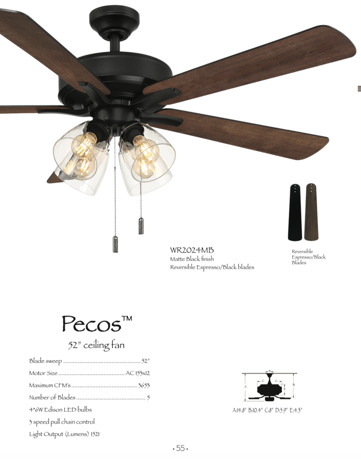 Wind River Pecos 52" Pull Chain Ceiling Fan with 24W LED with Edison Bulbs