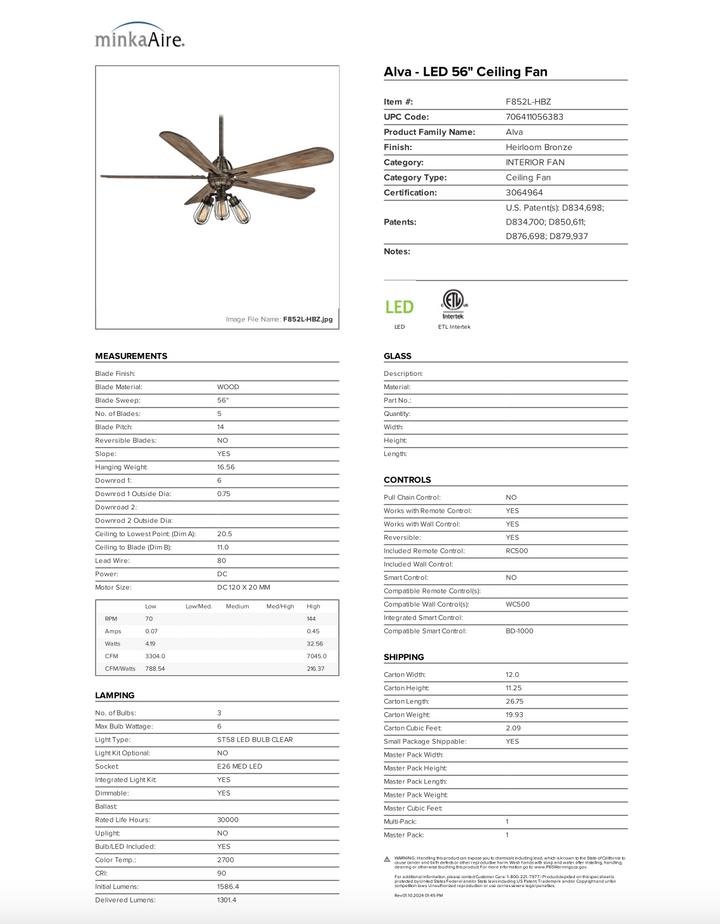 Minka Aire Alva 56"Ceiling Fan with 18W LED and Remote