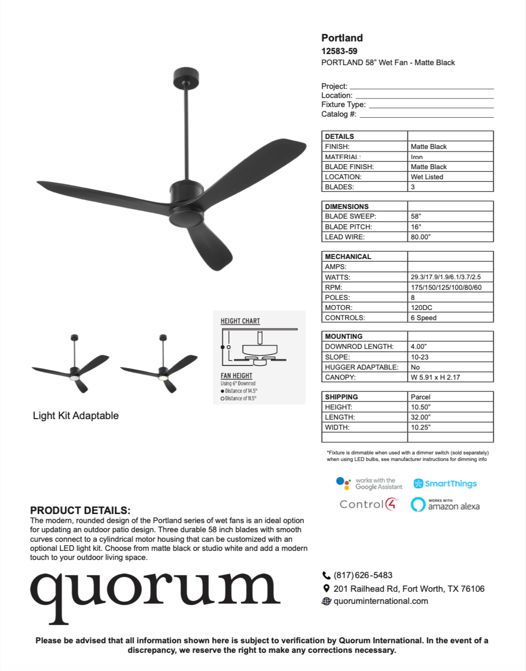 Quorum Portland 58" Outdoor Patio Fan with Wall Control