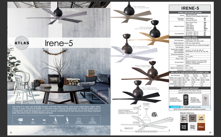 Matthews Fan Company Irene 5 52" Indoor/Outdoor DC Ceiling Fan with Remote and Wall Control