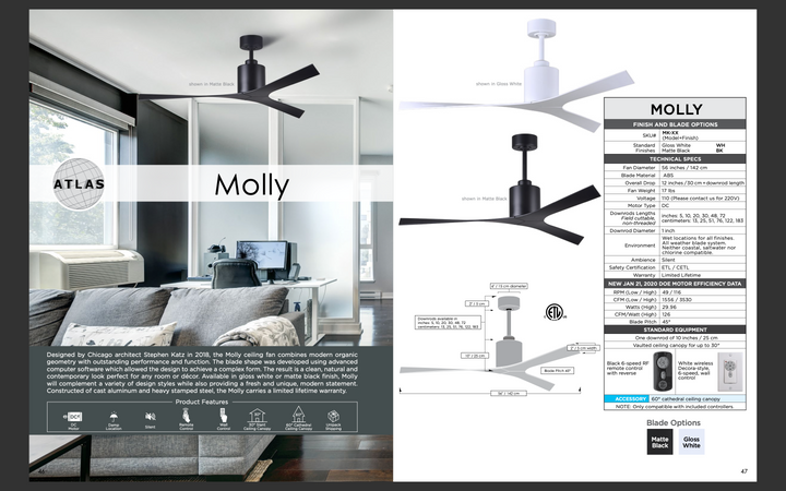 Matthews Fan Company Molly 56" Indoor/Outdoor DC Ceiling Fan with Remote and Wall Control