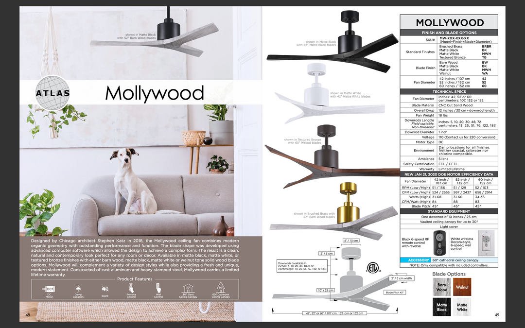 Matthews Fan Company Mollywood 52" Indoor/Outdoor DC Ceiling Fan with Remote and Wall Control