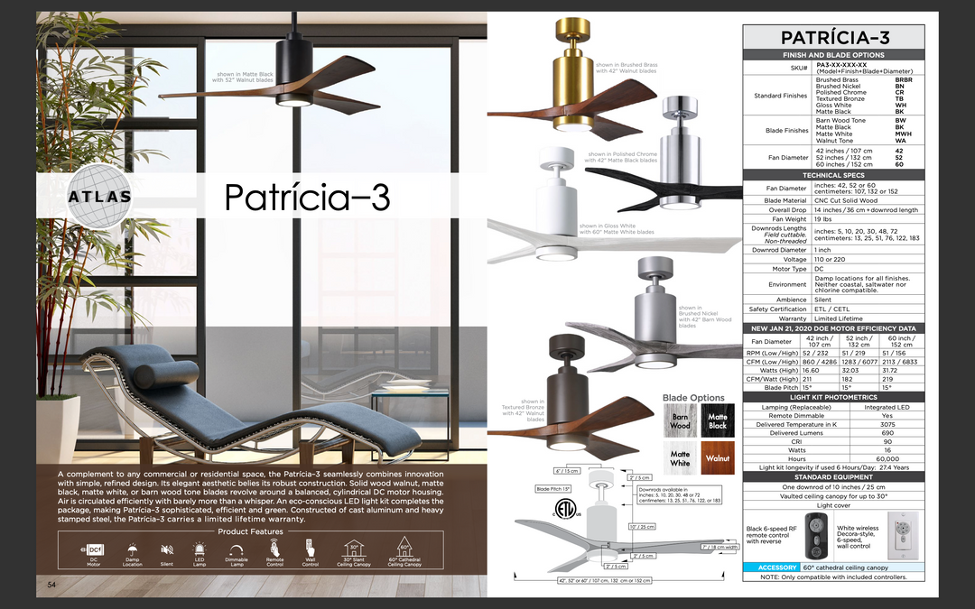 Matthews Fan Company Patricia 3 52" Indoor/Outdoor DC Ceiling Fan with Remote and Wall Control