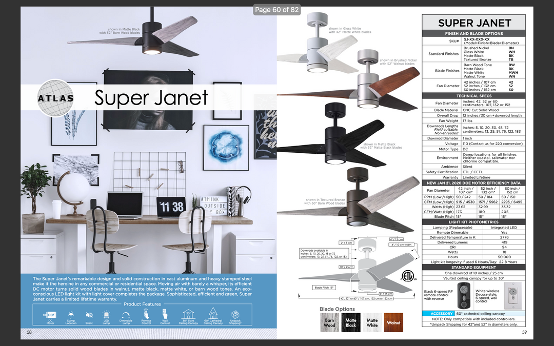 Matthews Fan Company Super Janet 42" Indoor/Outdoor DC LED Ceiling Fan with Remote and Wall Control