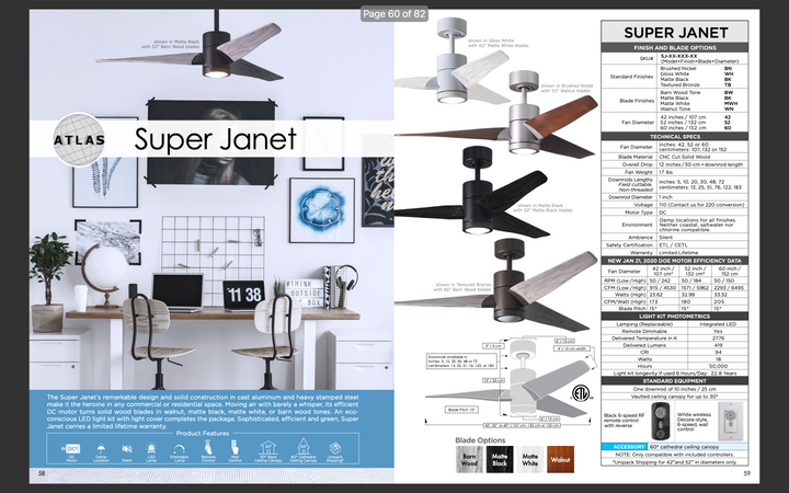 Matthews Fan Company Super Janet 42" Indoor/Outdoor DC LED Ceiling Fan with Remote and Wall Control