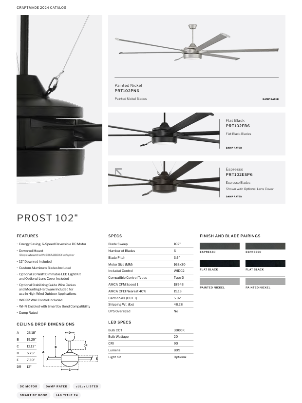 Craftmade Prost Indoor/Outdoor Smart DC Ceiling Fan with 20W LED and Wall and Remote Control