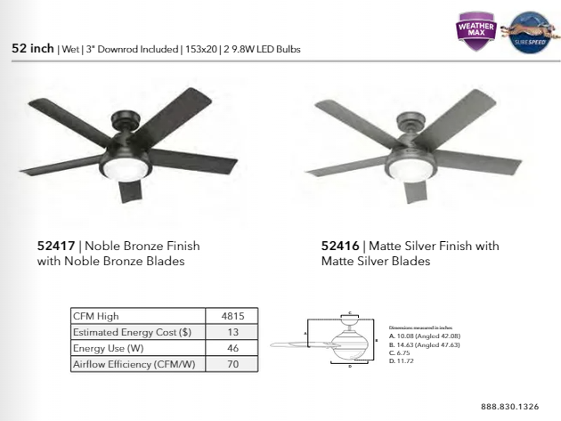 Hunter Fan Seawall 52" Outdoor Ceiling Fan with 20W LED with Wall Control