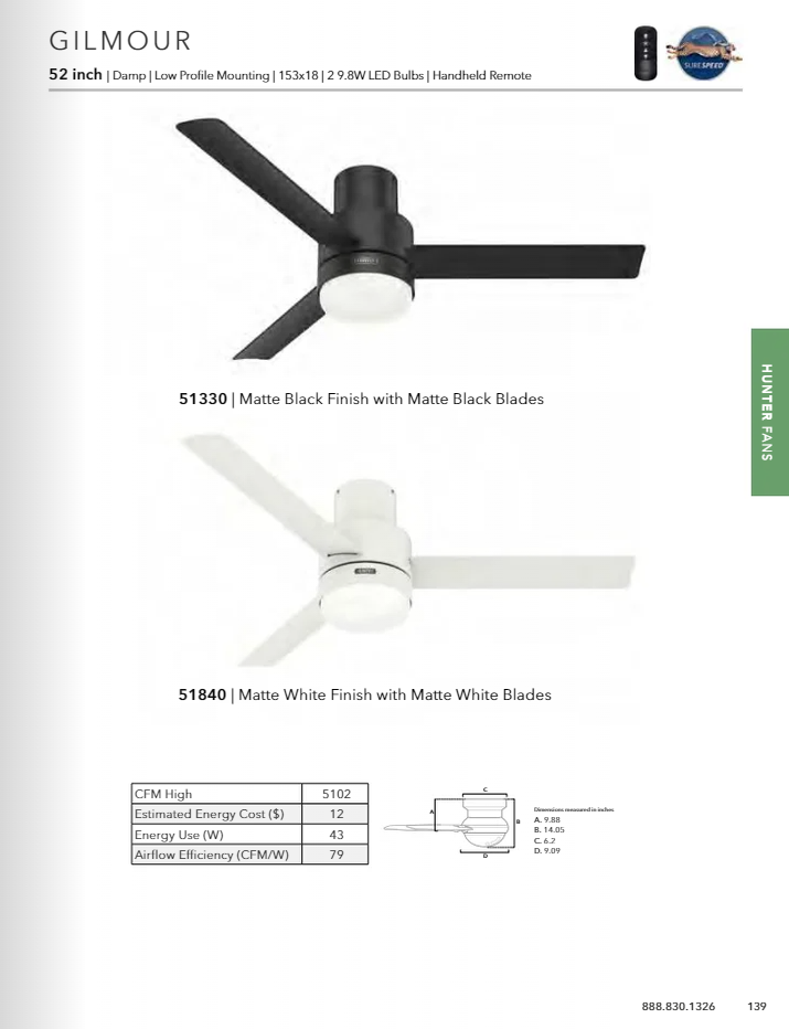 Hunter Fan Gilmour 52" Indoor/Outdoor Flushmount Ceiling Fan with 19W LED and Remote