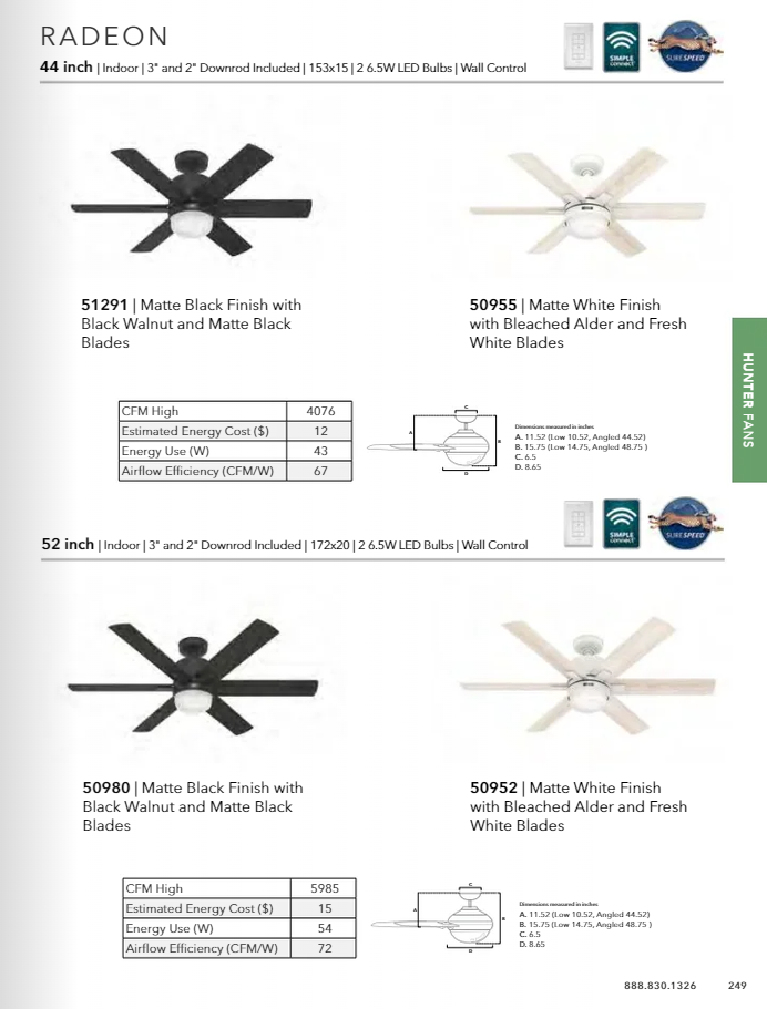 Hunter Fan Radeon Smart Indoor Ceiling Fan with 14W LED and Wall Control