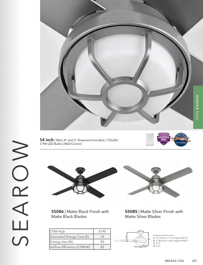 Hunter Fan Searow 54" Outdoor Ceiling Fan with 18W LED and Wall Control