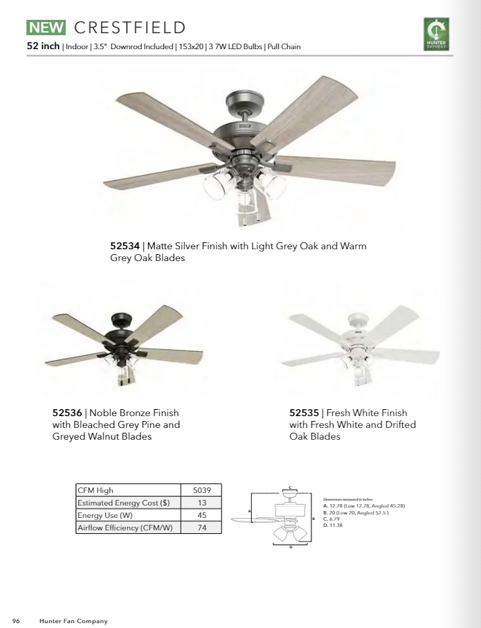 Hunter Fan Crestfield 52" Pull Chain Ceiling Fan with 21W LED