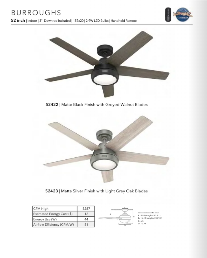 Hunter Fan Burroughs 52" Ceiling Fan with 18W LED and Remote