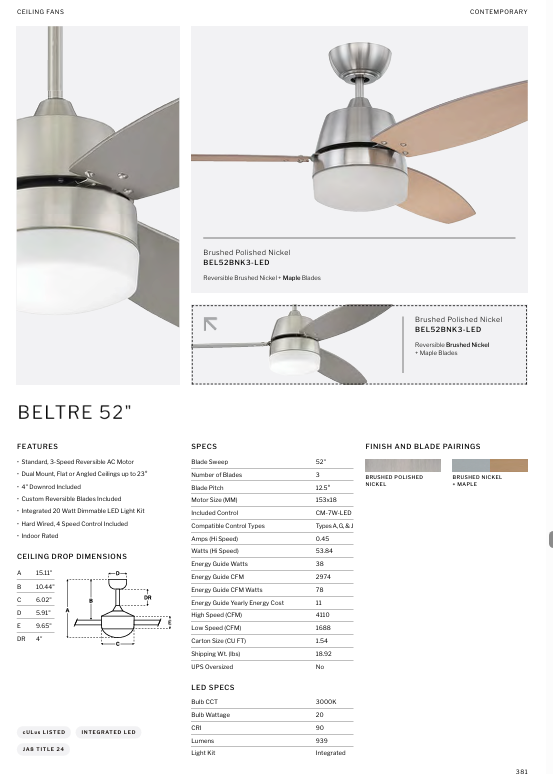 Craftmade Beltre 52" Ceiling Fan with 20W LED in Brushed Polished Nickel