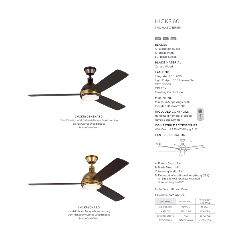 Visual Comfort Hicks 60" DC Ceiling Fan with 20W LED Light and Remote