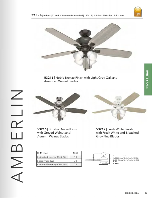 Hunter Fan Amberlin 52" Pull Chain Ceiling Fan with 6.5W LED Light Kit