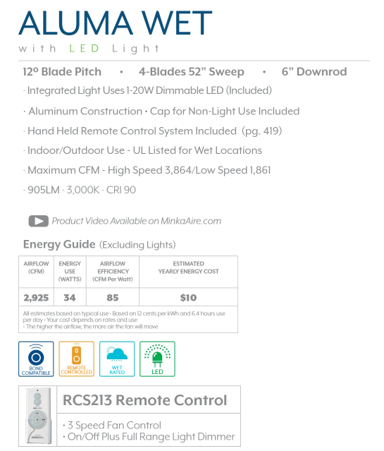 Minka Aire Aluma Wet 52" Outdoor Ceiling Fan with 20W Dimmable LED Light and Remote Control