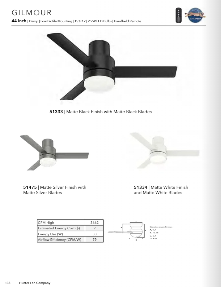 Hunter Fan Gilmour 44" Flushmount Ceiling Fan with 20W LED and Remote