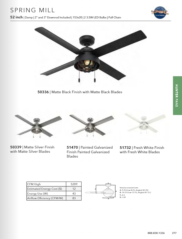 Hunter Fan Spring Mill 52" Outdoor Pull Chain Ceiling Fan with 7W LED