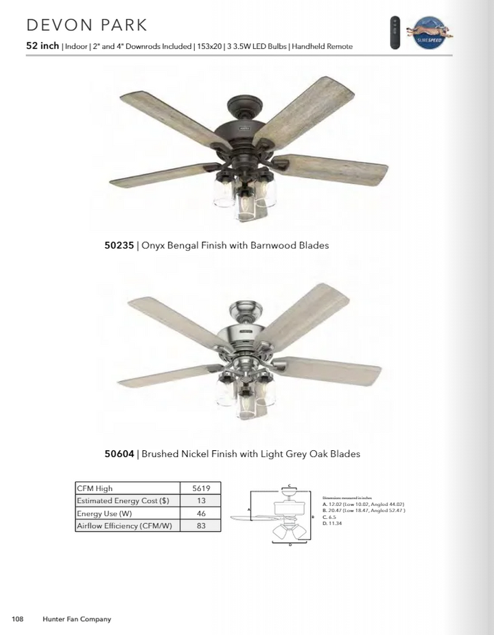 Hunter Fan Devon Park 52" Ceiling Fan with 10W LED and Remote