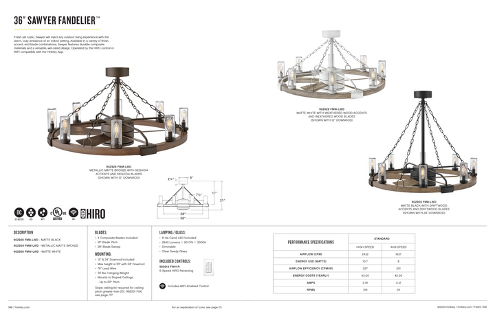 Hinkley Fan Sawyer 36" Smart DC Fandelier with 28W LED and Hiro Control